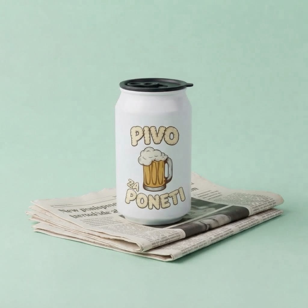 Bela termo limenka sa poklopcem, natpis Pivo za poneti i crtež krigle piva